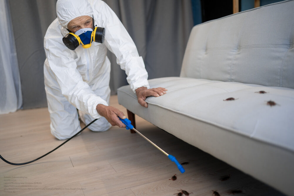 Pest Control Worker Wearing Workwear Spraying Insecticide Spray To Cockroaches In The House While Cleaning And Insect Eradication.